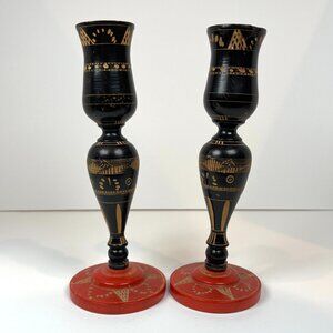 Vintage Mexican Hand-Carved Wooden Pedestal Taper Candleholders Candlestick Folk
